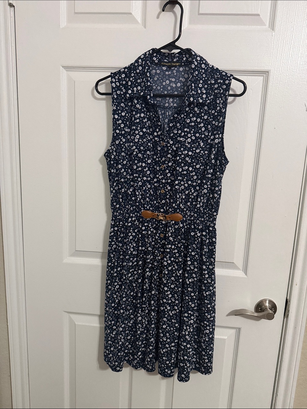 Navy Floral Sleeveless Midi Dress with Tan Belt